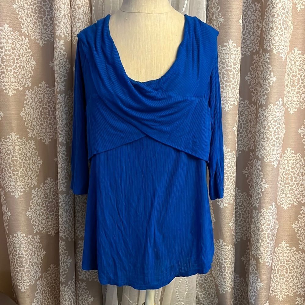 Fashion to Figure Blue Ribbed Cross Front Top – 3/4 Sleeves – Plus Size
